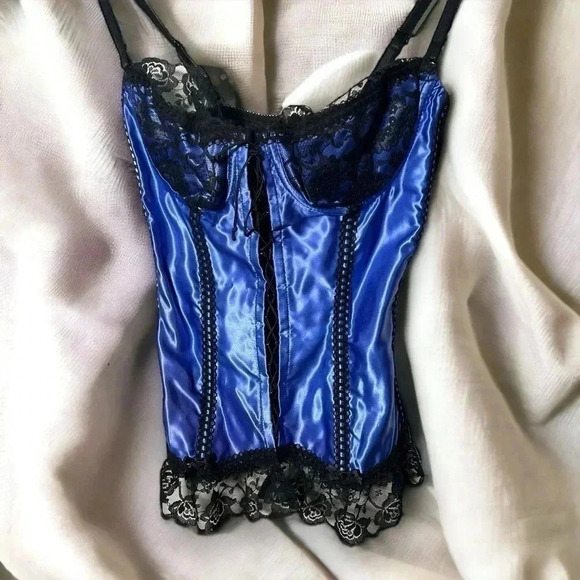 Vintage cobolt blue satin lace corset  34C - Picture 4 of 9